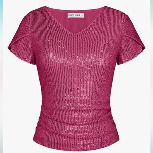 NWT GRACE KARIN Sparkly Sequin Top Glitter Short Tulip Sleeve Slimming  V Neck